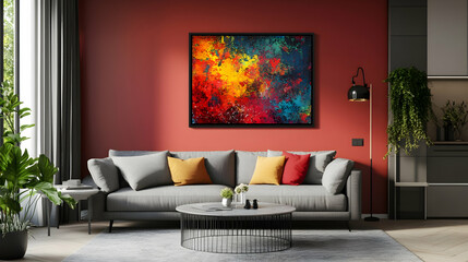 Obraz premium A vibrant abstract painting with bold red, yellow, and blue tones hanging in a modern living room with a light gray sofa and colorful cushions.
