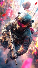 Soldier in Tactical Gear Running Through Urban Environment with Gun and Explosions in Background