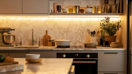 A stylish modern gourmet kitchen with elegant marble countertops, soft warm lighting and neatly arranged cookware