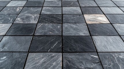 Dark grey stone pavement tiles, outdoor ground, perspective view, background blurry