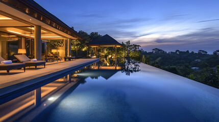 A stylish outdoor infinity pool at night, surrounded by soft ambient lighting and sleek modern decor