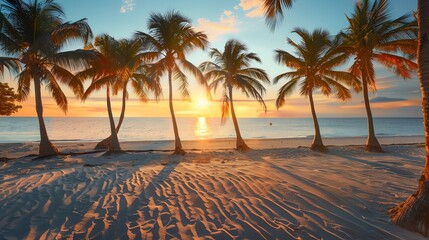 Amazing  sunset over calm sea with palm trees on sandy beach.
