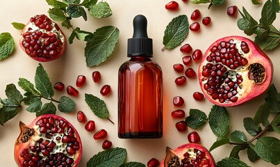 Facial serum featuring vibrant pomegranate and eucalyptus leaves, Generative AI