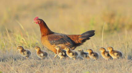 Fototapeta premium A hen leads her fluffy chicks through a serene natural farm atmosphere, showcasing maternal instincts in the gentle light of early morning or late afternoon