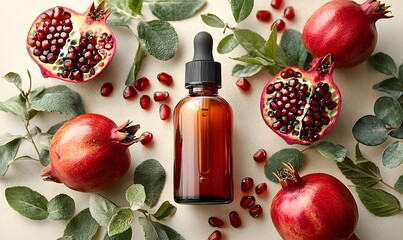 Facial serum featuring vibrant pomegranate and eucalyptus leaves, Generative AI