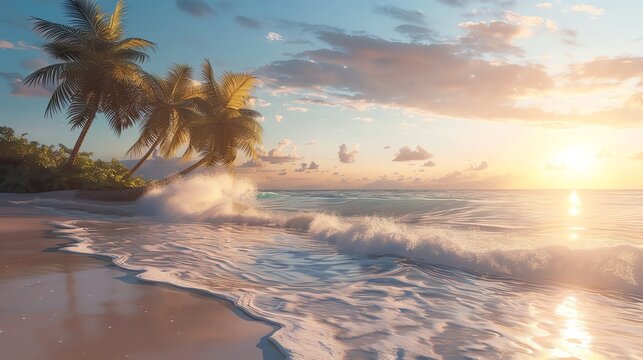 Amazing sunset over the beach with palm trees. The warm colors of the sky and the gentle waves of the ocean create a peaceful and relaxing scene.