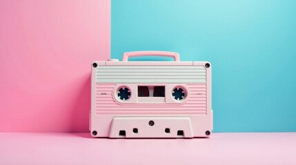 Fototapeta premium A Pastel Pink Cassette Tape Against a Two-Tone Background Featuring a Soft Pink and Light Blue Color Palette, Evoking Nostalgia and a Retro Aesthetic