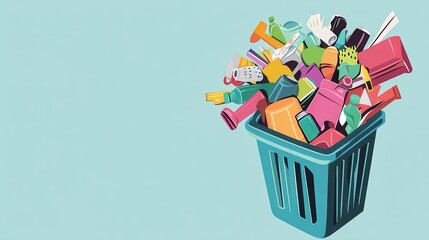 Obraz premium Vibrant Pop Art Illustration of Overflowing Recycling Bin Filled with Colorful Plastic Objects Against a Light Background