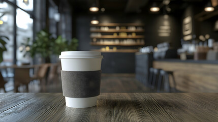 A white disposable coffee cup with a black sleeve, placed on a café table with a blurred coffee shop background.