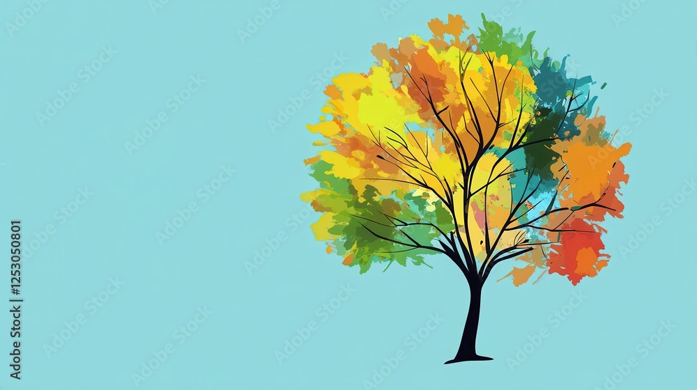 Poster stylized pop art representation of a colorful tree transforming against a soft blue background in lo