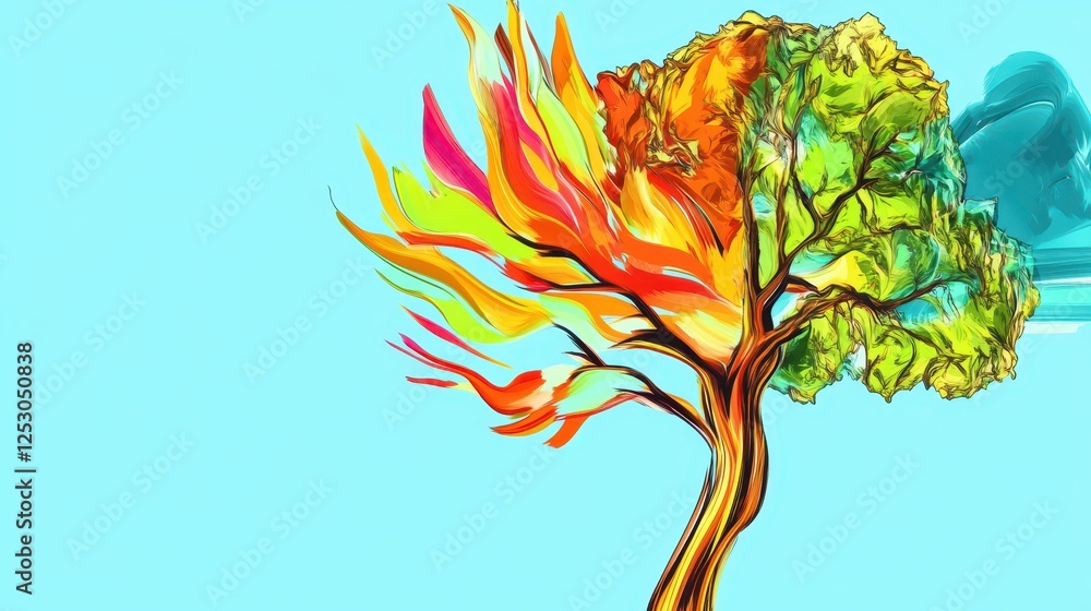 Poster stylized tree transformation in pop art style with vibrant colors and abstract design for modern art