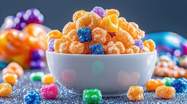 Colorful sugary cereal bowl, festive backdrop