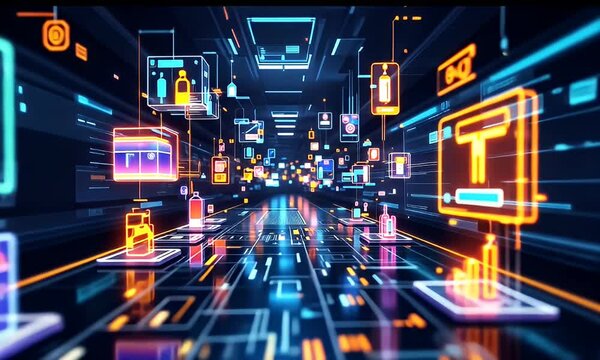Digital product supply chain data flow, futuristic tunnel