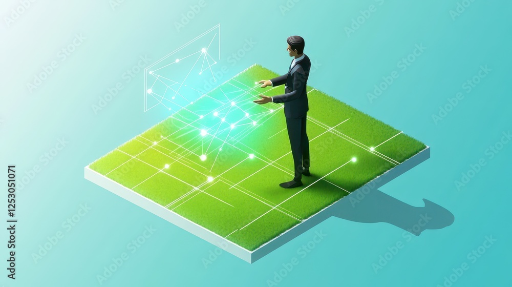 Poster isometric 3d low poly style businessman interacting with virtual data on green platform in modern di