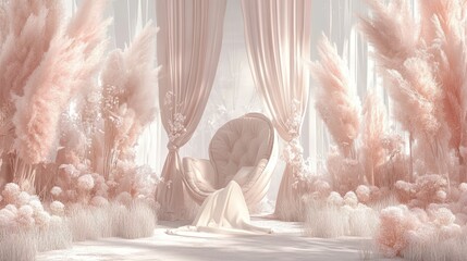 Serene Pink Pampas Grass Scene with Elegant Chair