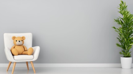 Teddy Bear in Light Beige Chair by Light Gray Wall