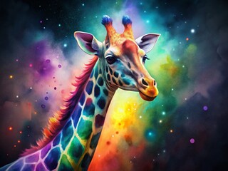 Magical Rainbow Giraffe Watercolor Painting, Low Light Artistic Wildlife Photography