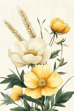 Vintage Botanical Illustration, Watercolor Cosmos and Wheat, Muted Yellow Floral Print