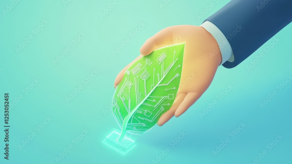 Poster isometric 3d low poly style representation of a hand holding a leaf with circuit patterns and green 