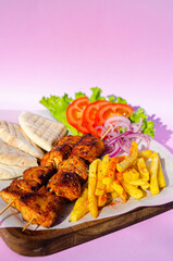 grilled chicken breast with vegetables, 
shish kebab, barbecue, meat, pitta 