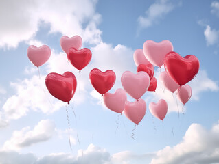 A sky full of heart-shaped balloons in red, pink, and white, creating a dreamy atmosphere for a Valentine's surprise proposal or celebration of love.