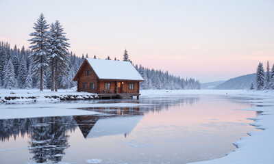 Obraz premium Lonely wooden cabin on a frozen lake for winter solitude and adventure themes. A small, rustic wooden cabin sits in the middle