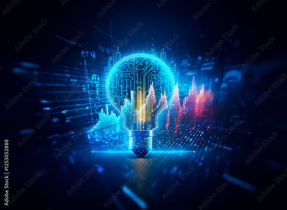 Poster a digital light bulb with circuit patterns illuminates on dark. graphs, data streams flow around, sy
