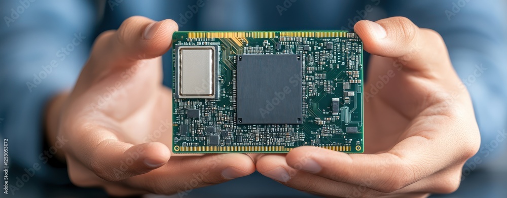 Aufkleber individual holding modern microprocessor circuit board in hands with detailed electronic components 