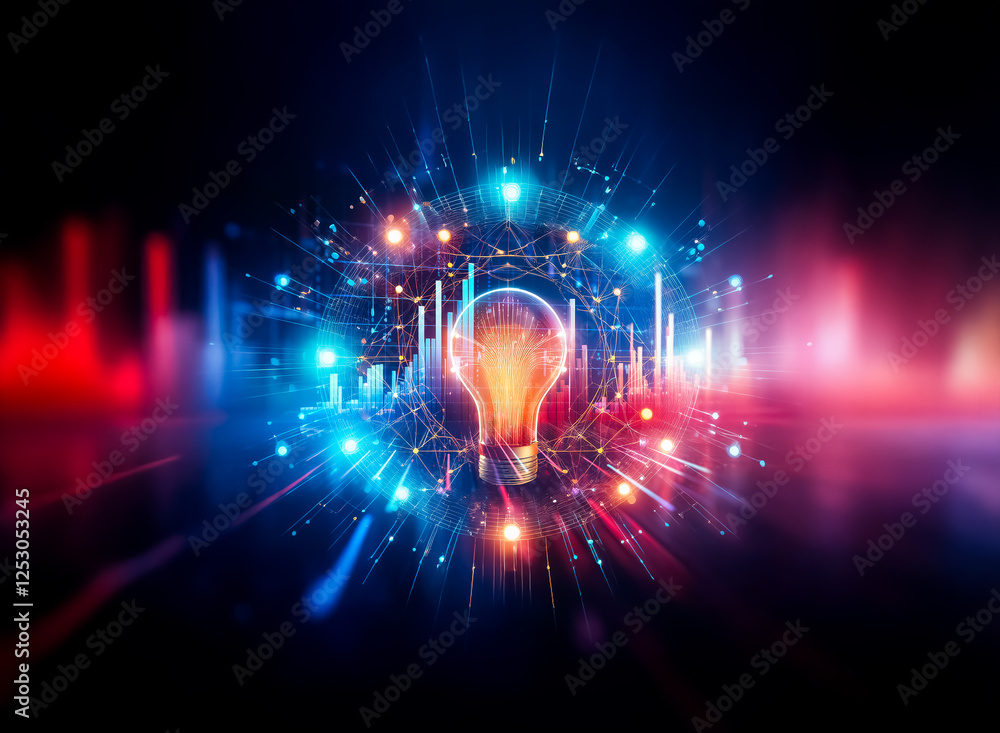 Poster A vibrant light bulb emits bright rays and particles, creating a futuristic and conceptual image against a dark backdrop, symbolizing innovation and ideas.