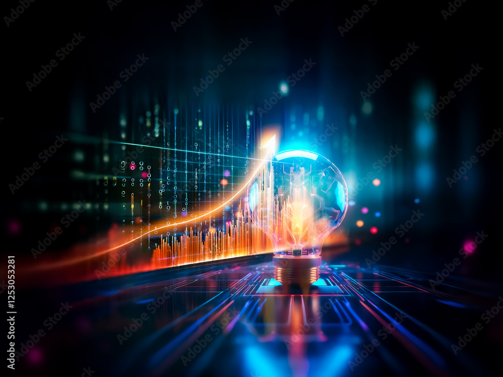 Fototapete a glowing light bulb with a circuit board design inside, emits neon blue and orange light on a dark 