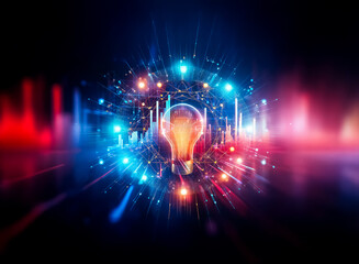A vibrant light bulb emits bright rays and particles, creating a futuristic and conceptual image against a dark backdrop, symbolizing innovation and ideas.
