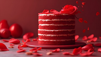 Elegant tiered red velvet cake with rose petals, minimalistic luxurious dessert
