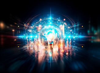 Glowing light bulb at the center of concentric circles and radiating lines against a dark backdrop. Abstract digital art with vibrant illumination and a sense of technology and innovation.