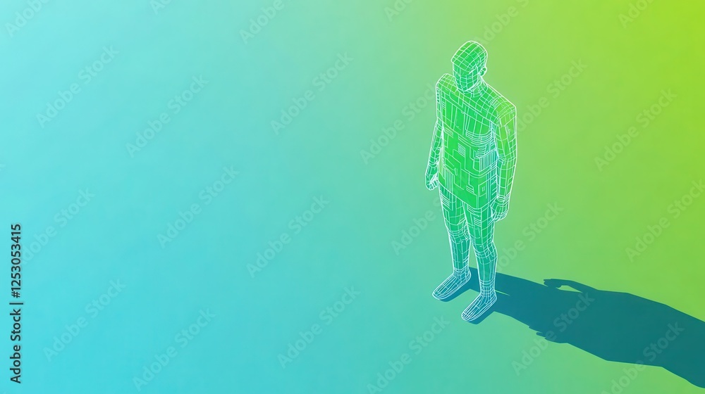Poster isometric 3d low poly style depiction of a business figure in a minimalistic background with a uniqu
