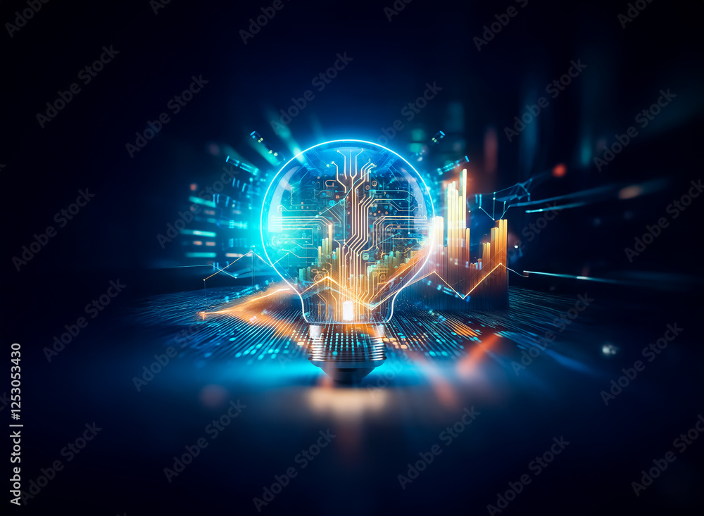 Aufkleber illuminated lightbulb with circuit board interior, glowing with bright lines and data streams agains
