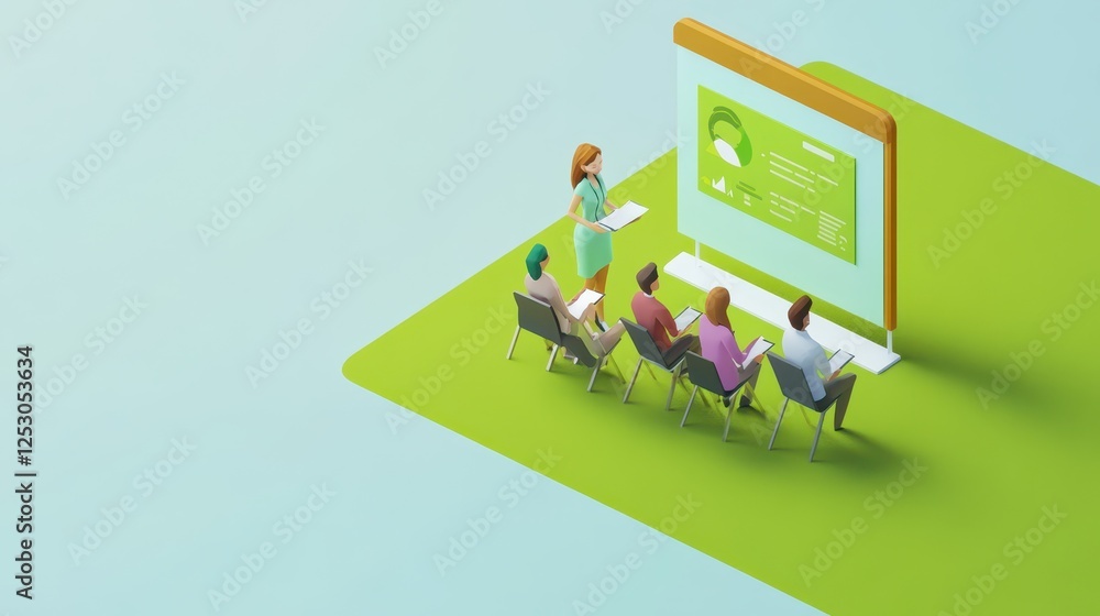 Poster isometric 3d low poly style illustration of business presentation scene with attendees and digital d