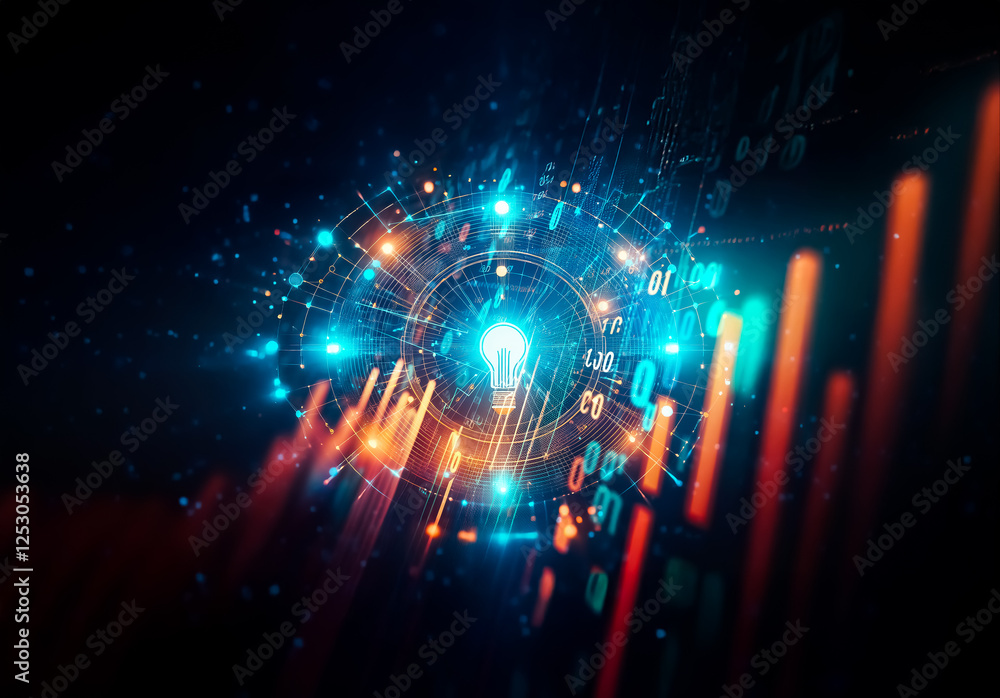 Poster vibrant digital lightbulb core surrounded by glowing circles, binary code, and streaming data in an 