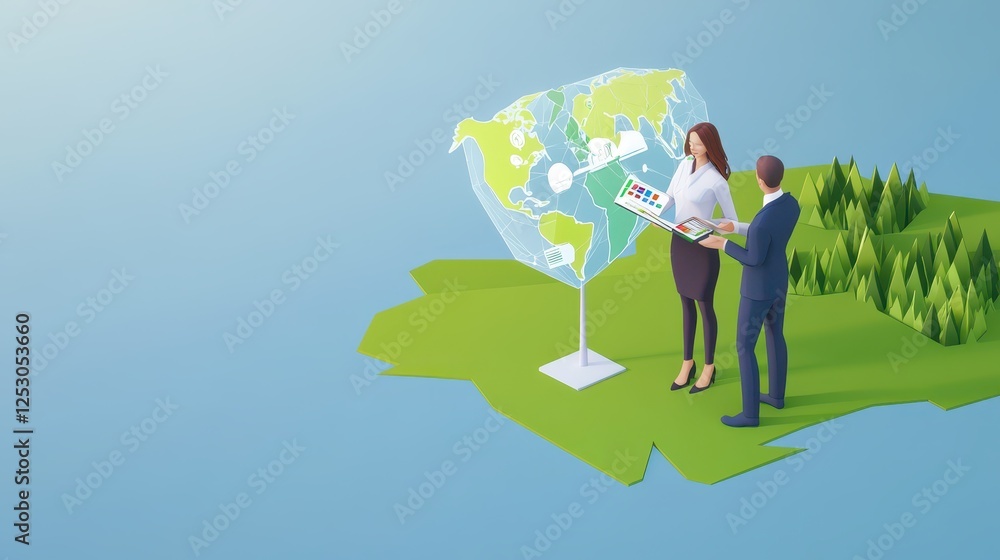 Poster isometric 3d low poly style depiction of business professionals analyzing global data on a geographi