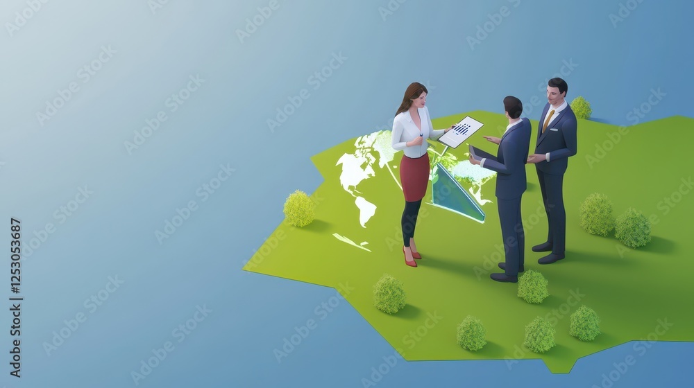 Poster isometric 3d low poly style depiction of business discussion on a map with people collaborating and 