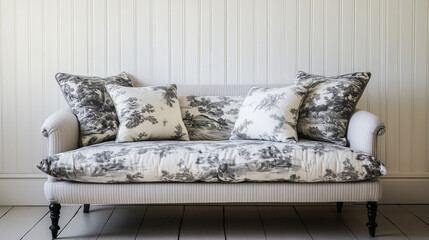 White sofa with black floral patterned cushions.