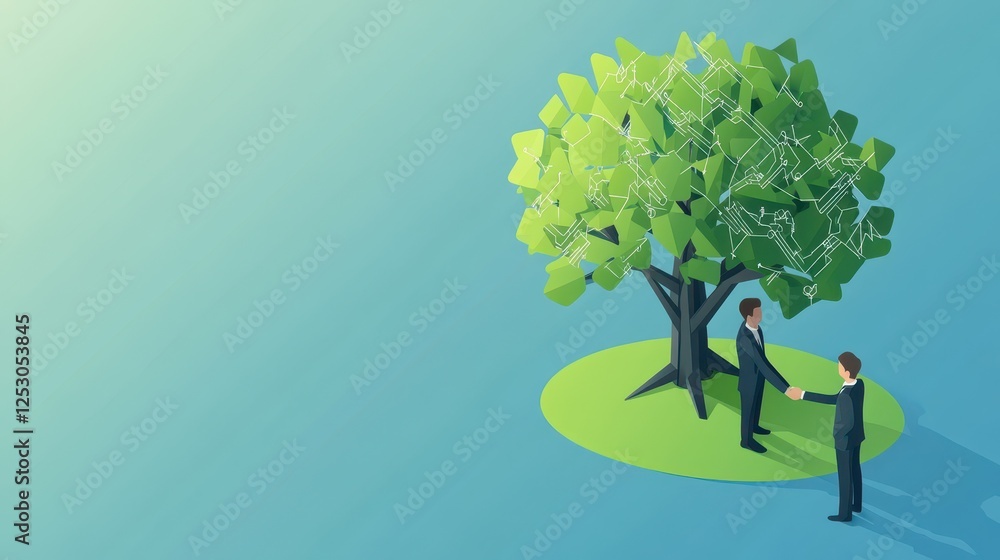 Poster isometric 3d low poly style depiction of businessmen shaking hands under a tree with circuit pattern