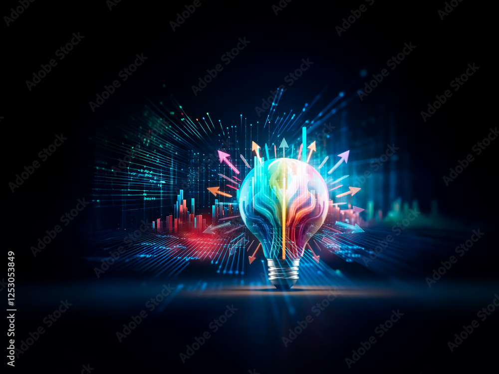 Poster a vibrant light bulb with brain patterns radiates light and arrows in a dark digital space, symboliz
