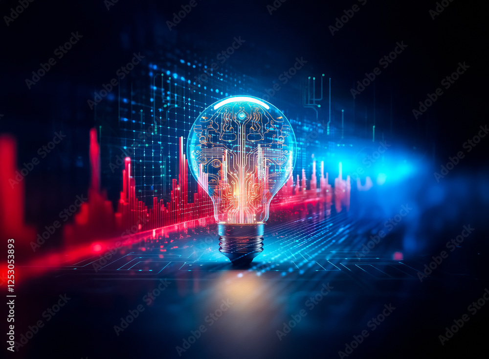 Poster A glowing light bulb with internal circuits is displayed against an abstract backdrop featuring red and blue digital lines, evoking a sense of futuristic technology.