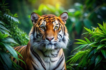Obraz premium Majestic Bengal Tiger in Lush Jungle - Copy Space for Text