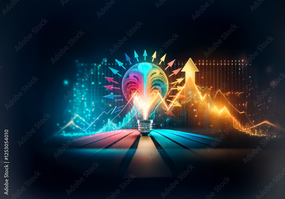 Poster glowing bulb with arrows radiates, symbolizing idea generation, growth, and innovation. graph lines 