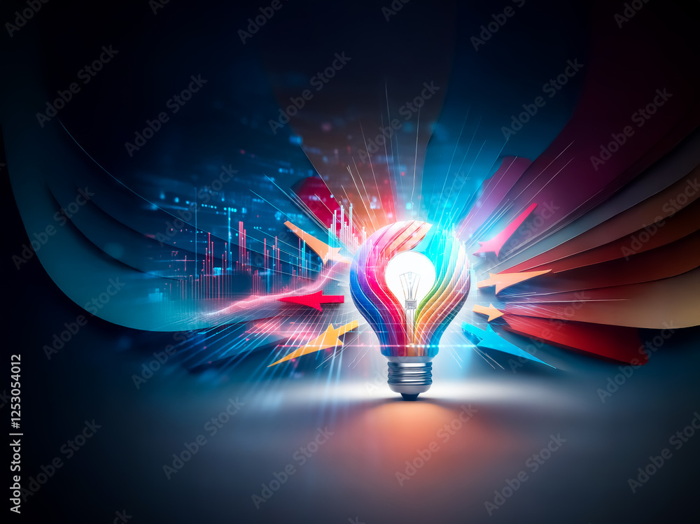 Poster A vibrant, colorful light bulb radiates bright light and energy. Abstract shapes and dynamic colors swirl around, creating an atmosphere of innovation and creative thinking.