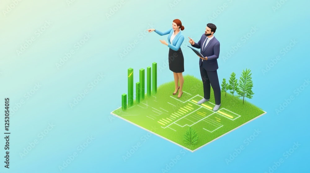 Poster isometric 3d low poly style depiction of business analysis with professional characters and growth c