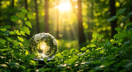 Eco globe in lush green forest with sun rays