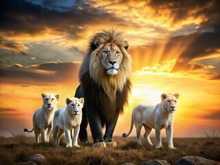 Majestic Black Lion Silhouette with White Lions - Wildlife Photography