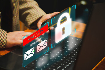 Email inbox alert and spam virus with warning, email security protection alert, new email notification and internet communication concept, email technology icon, junk mail compromised information